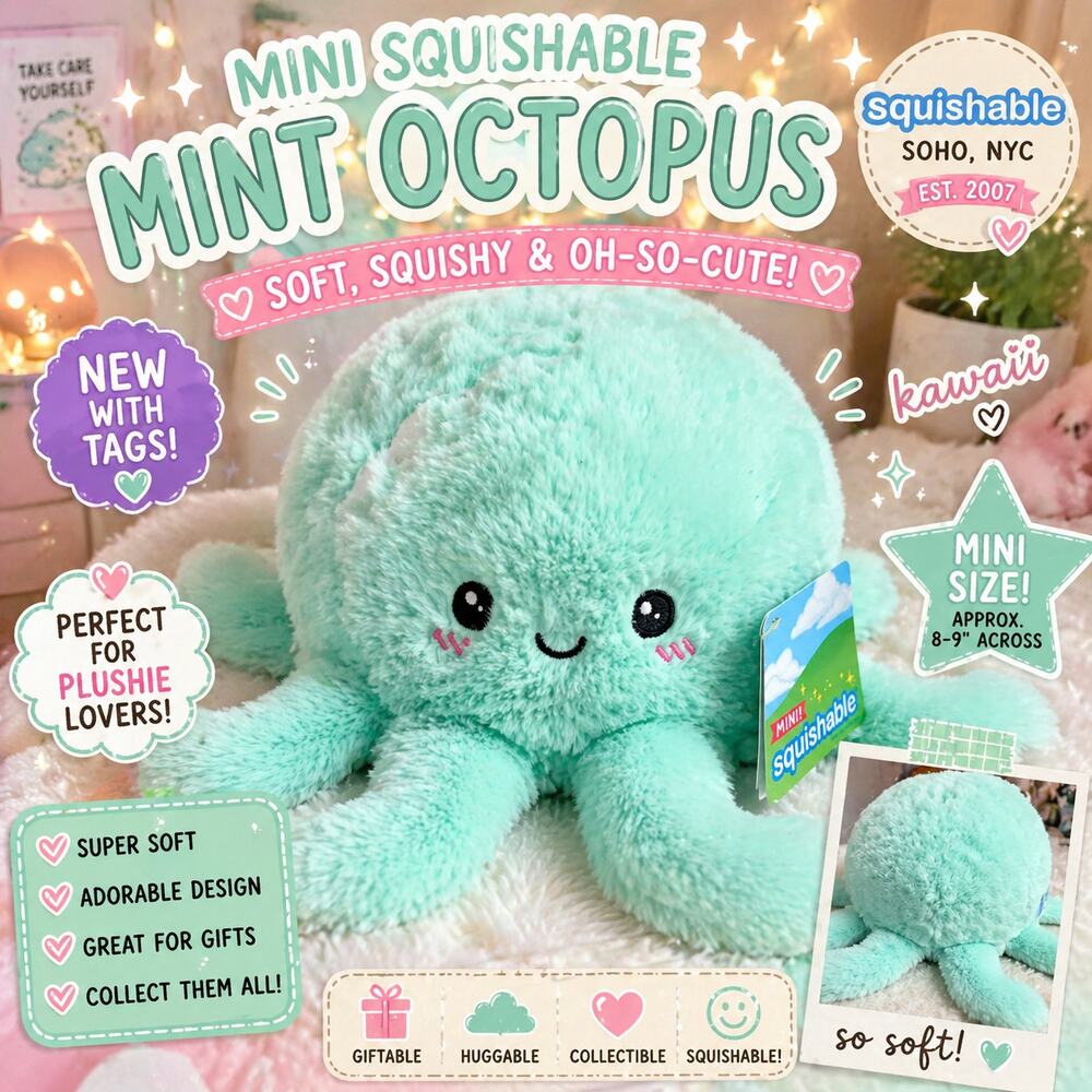 Mini Squishable Mint Octopus Plush NWT Cute Kawaii Soft Toy